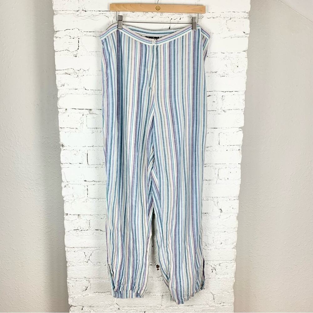 Maggie Barnes Blue Multicolored Striped Wide Leg Linen Vintage Pants 1X